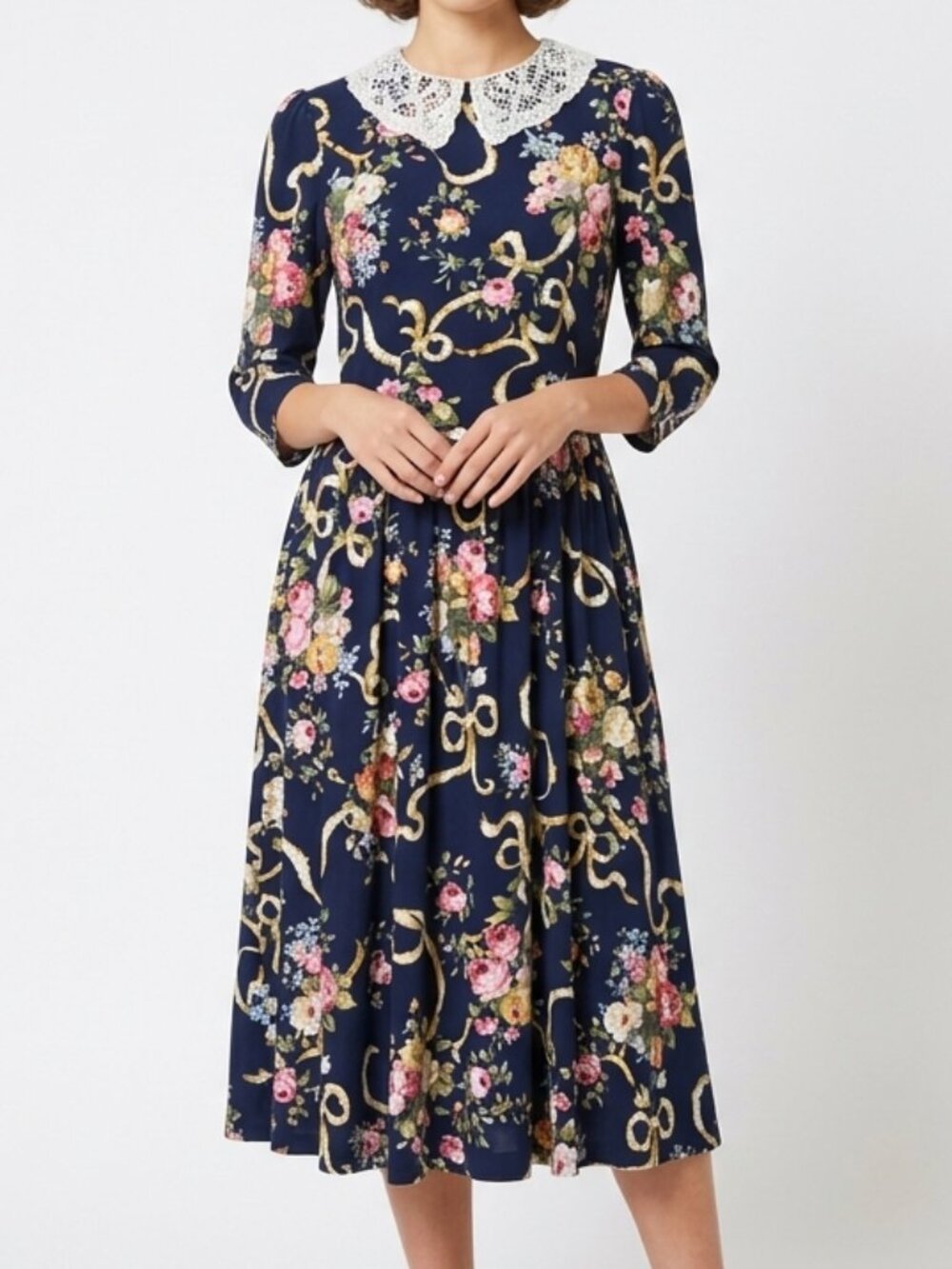 VTG 80s Lanz Originals Floral Midi Dress Size 12 Navy Puff Shoulder Cottagecore